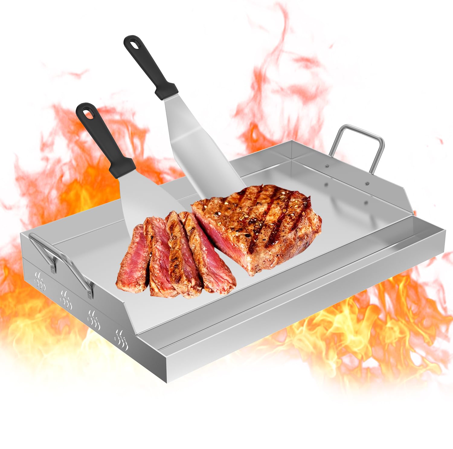 UISEBRT Piastra per Griglia in Acciaio Inossidabile 54 x 41 x 7 cm BBQ Plancha Incl. 2 Spatole per Griglia e Manici | Piastra per Griglia con Scanalatura per Olio