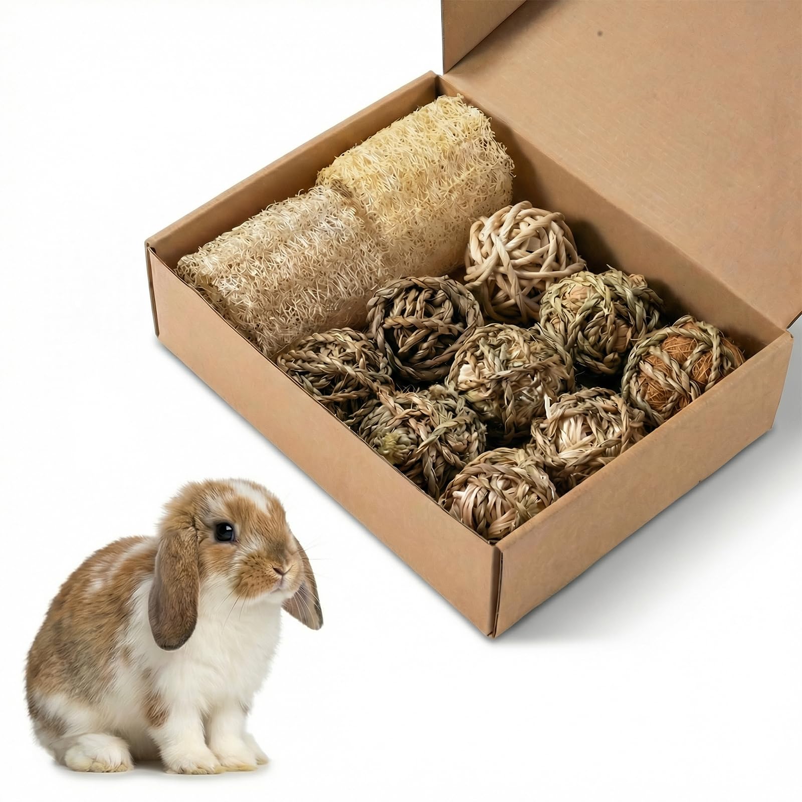 11 Pcs Rabbit Chew Toys, Interactive Bunny Foraging Toy, Natural Materials, Loofah Sponges, Seagrass Balls, Dental Cleaning, Relieve Stress