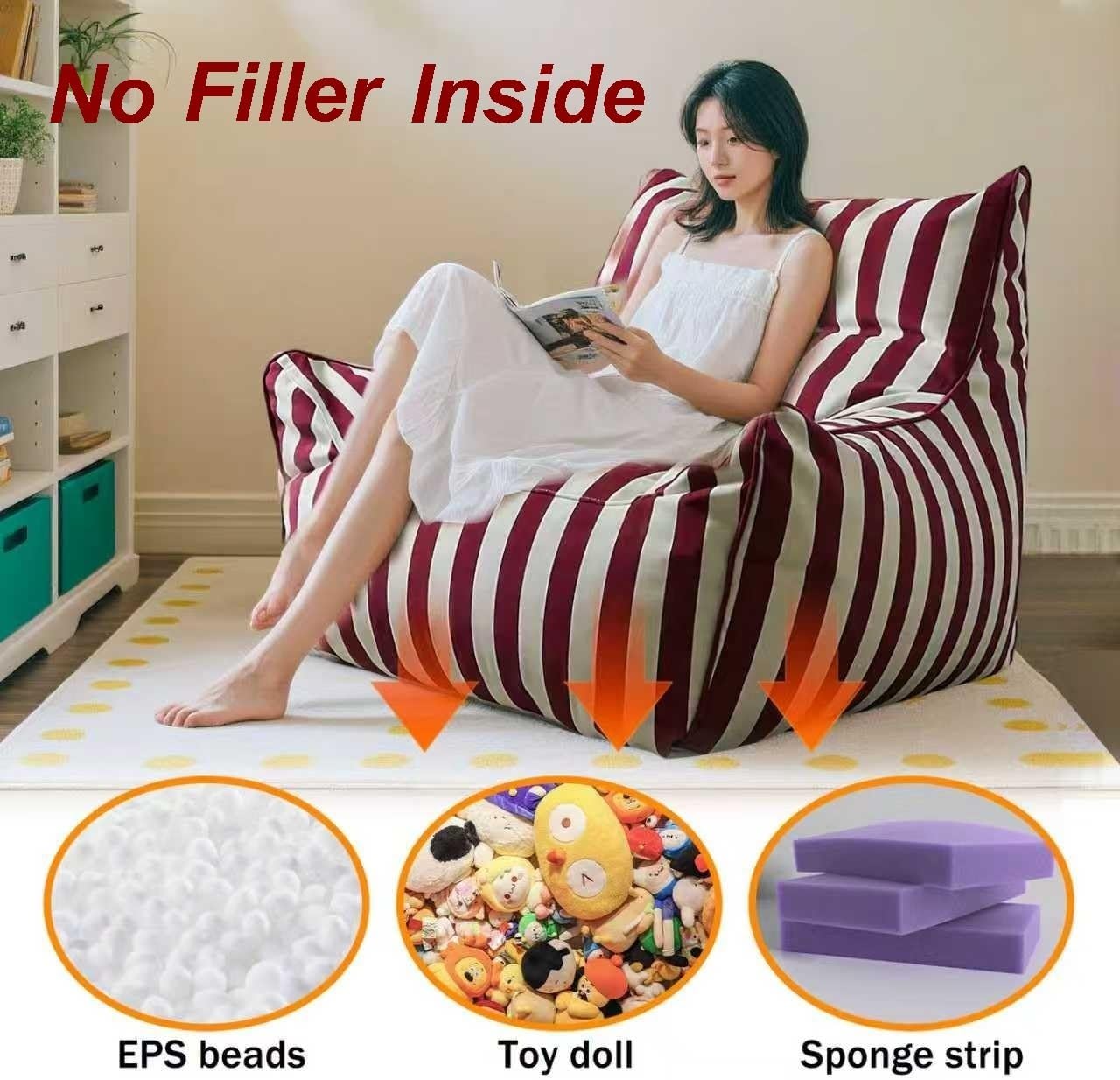 Waterproof Oxford Bean Bag Chair Cover(No Filling) Striped Machine Washable Sofa Slipcover for Floor Seating, Lounge Pouf in Living Room, Bedroom, Balcony​(Red White)