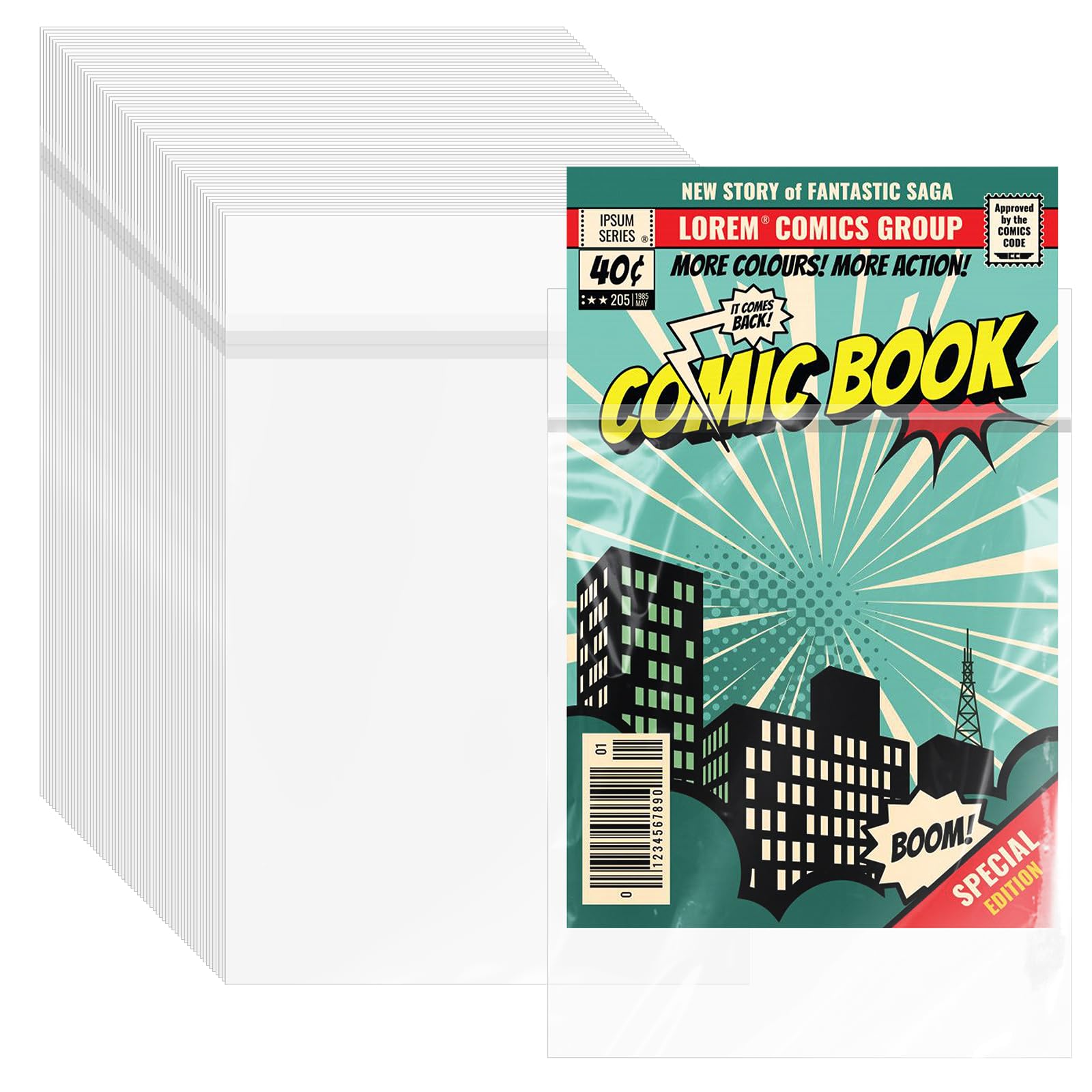 100 Pack Resealable Current Size Comic Book Bags, Crystal Clear Self Sealing Comic Sleeves Storage Protection for Regular Comics Magazine Storage, 7.2 X 10.6 Inches