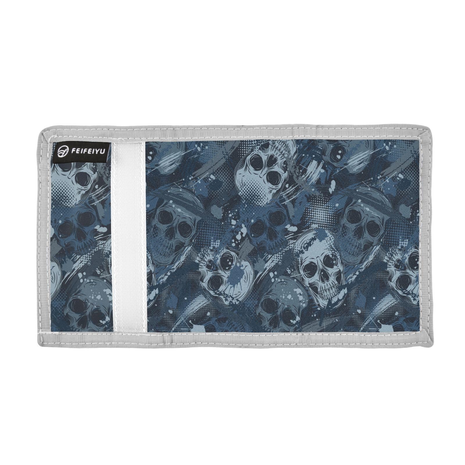 JHKKU Blue Camo Skull Trifold Wallets for Kids Boys Girls, Outdoor Sports Wallet for Teen, with Zipper Coin Pocket Novelty Purse
