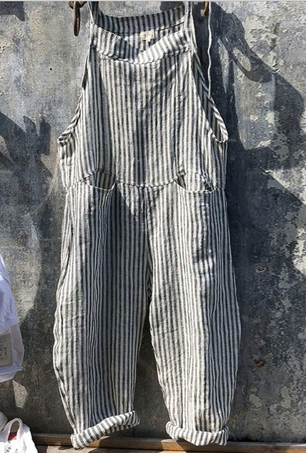 CHARTOU Women Oversized Summer Casual Stripes Cargo Jumpsuit Wide Leg Bib Overall Striped Linen Pants Dungarees Pocket