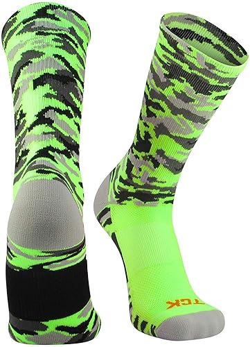 TCK Athletic Camo Crew Socks - Basketball Football Lacrosse Baseball - X-Large - Neon Green Camo