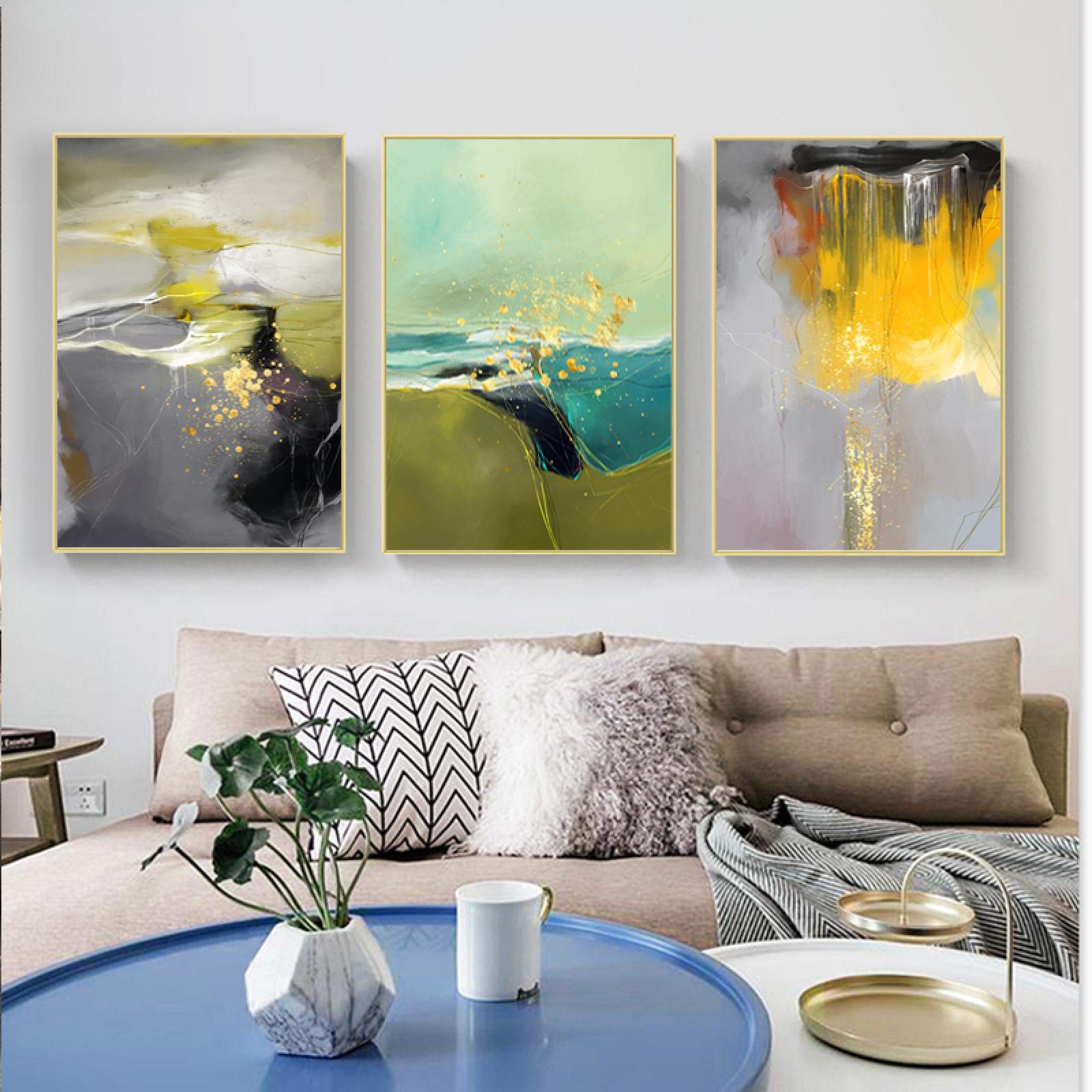 Tableau contemporain or gris vert pour décorer de grands murs vides - 6