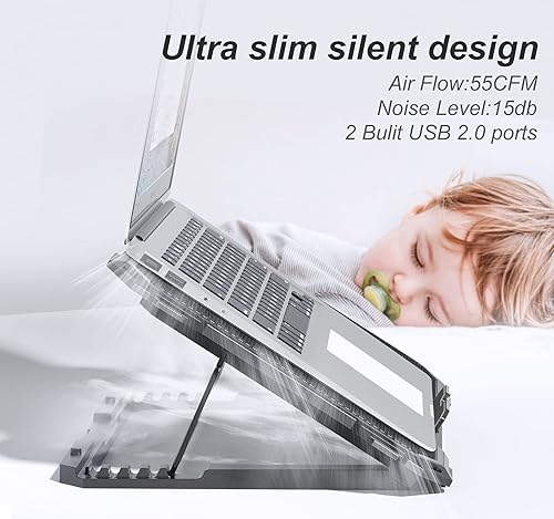 Miniatura 4 de Almohadilla de refrigeración mejorada para laptop, enfriador de laptop para juegos con 5 ventiladores silenciosos, 2 puertos USB, 5 altura de