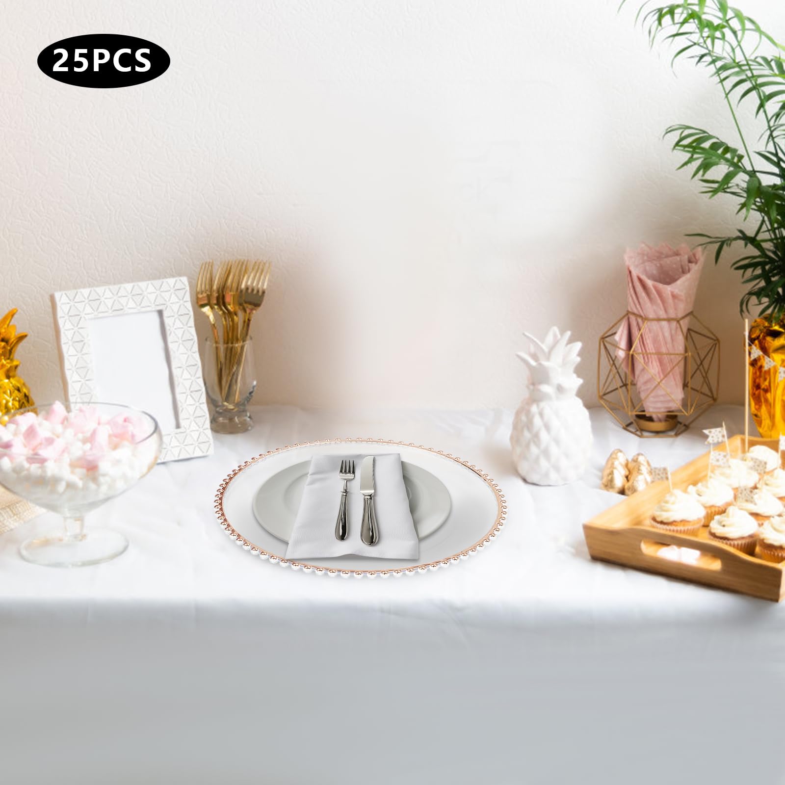 WOQLIBE 25 Pack Charger Plates, 12.6in Gold Packaged Western Food Plate Table Charger Plate Elegant Plastic Plates with Transparent Gold Thread Beads for Party Banquets Weddings (Style 3)