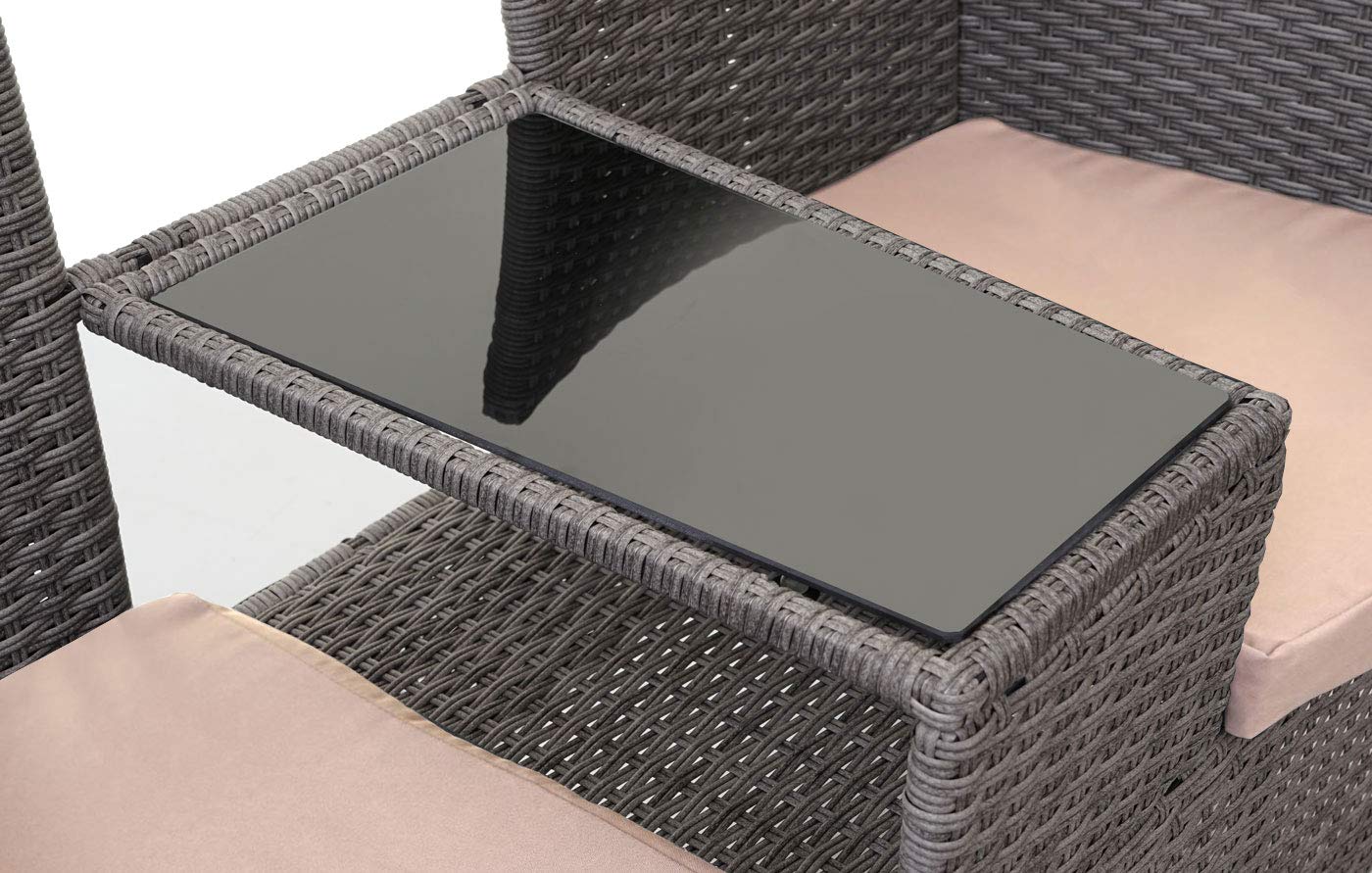 Mendler Poly-Rattan Sitzbank mit Tisch HWC-E24, Gartenbank Sitzgruppe Gartensofa, 132cm - grau, Kissen Creme