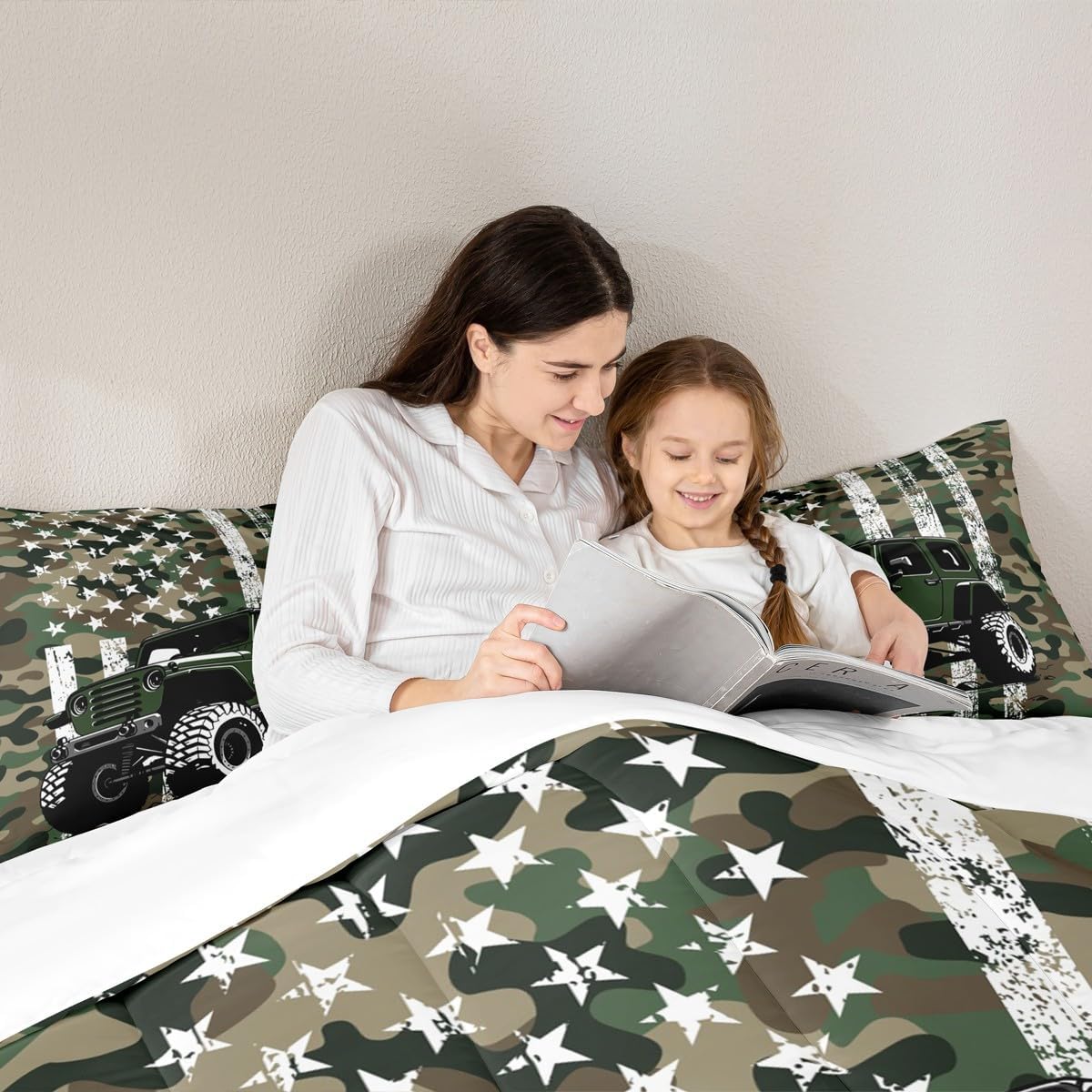 Manfei Off-Road Vehicle Kids Comforter Set Full Size,Green Race Car Sports Adventure Duvet Set Bedroom Decor,Green Camo Retro American Flag Graffiti Microfiber Soft Bedding Set