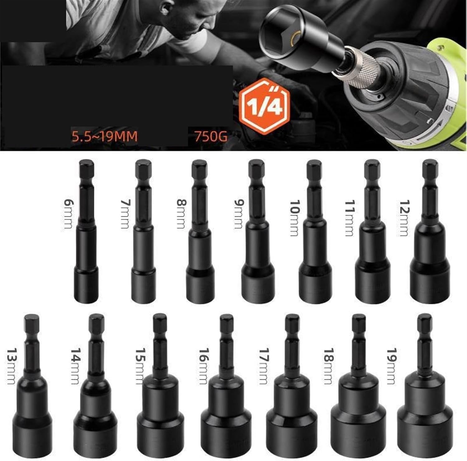 10pcs, 65mm Magnetic Sockets, 1/4" 6mm-19mm Hexagonal Socket Drill Bit Socket Head, Electric Screwdriver, Hand Drill (Color : Black, Size : 15mm)