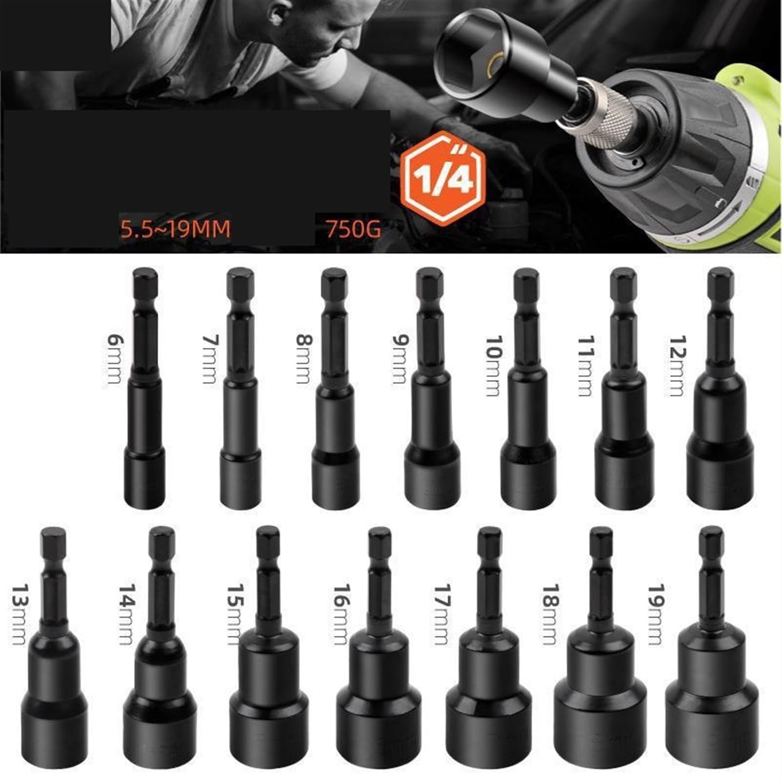 10 Pz, Bussole Magnetiche Da 65 Mm, Testa A Bussola Punta Esagonale Da 1/4 "6 Mm-19 Mm, Cacciavite Elettrico, Trapano A Mano (Color : Black, Size : 19mm)