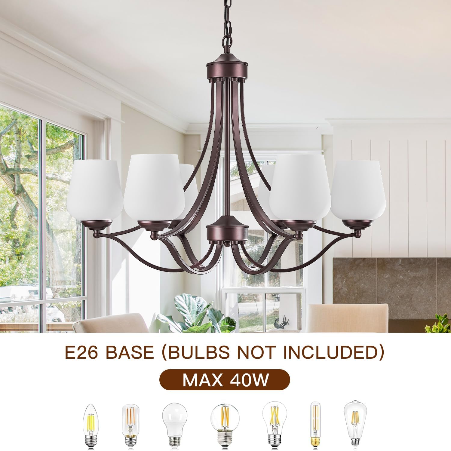 Oil Rubbed Bronze 6-Light Chandelier with Frosted Glass Lampshade, Farmhouse Rustic Dining Room Light Adjustable Height Antique Brown Hanging Light Fixture for Dining Table, Kitchen Island, Staircase