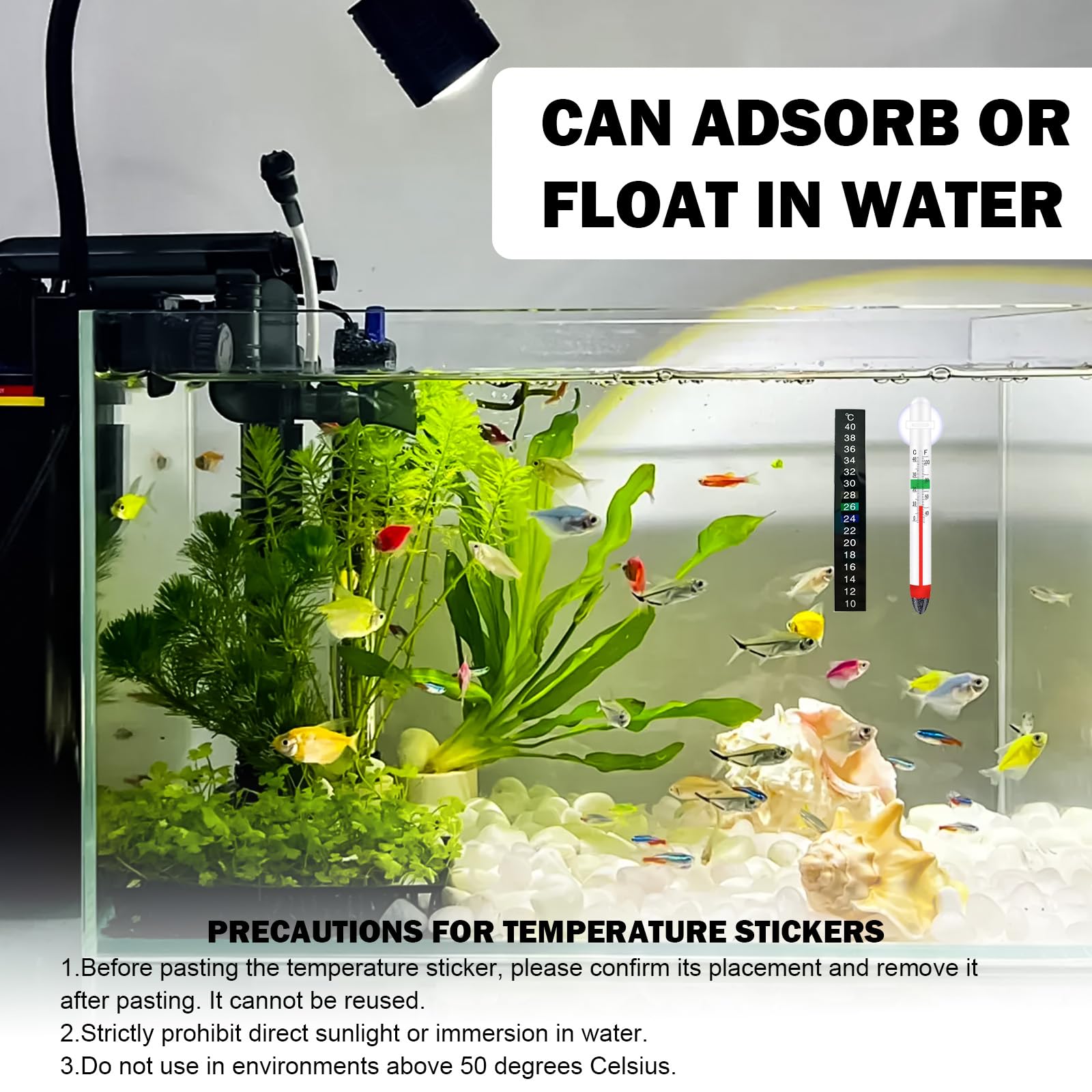 2 Pièces Thermomètre Aquarium et 3 Pièces Thermomètre Aquarium Autocollant, Mesure Précise et Affichage Clair, Adapté aux Tortues, Poissons