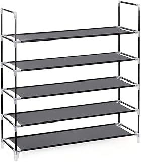 SONGMICS Scarpiera Scaffale a 5 Ripiani, Capacità di Fino a 25 Paia di Scarpe, Scaffale Portascarpe per Cabina Guardaroba in Acciaio e Tessuto 88 x 28 x 91 cm, Nero LSR05H