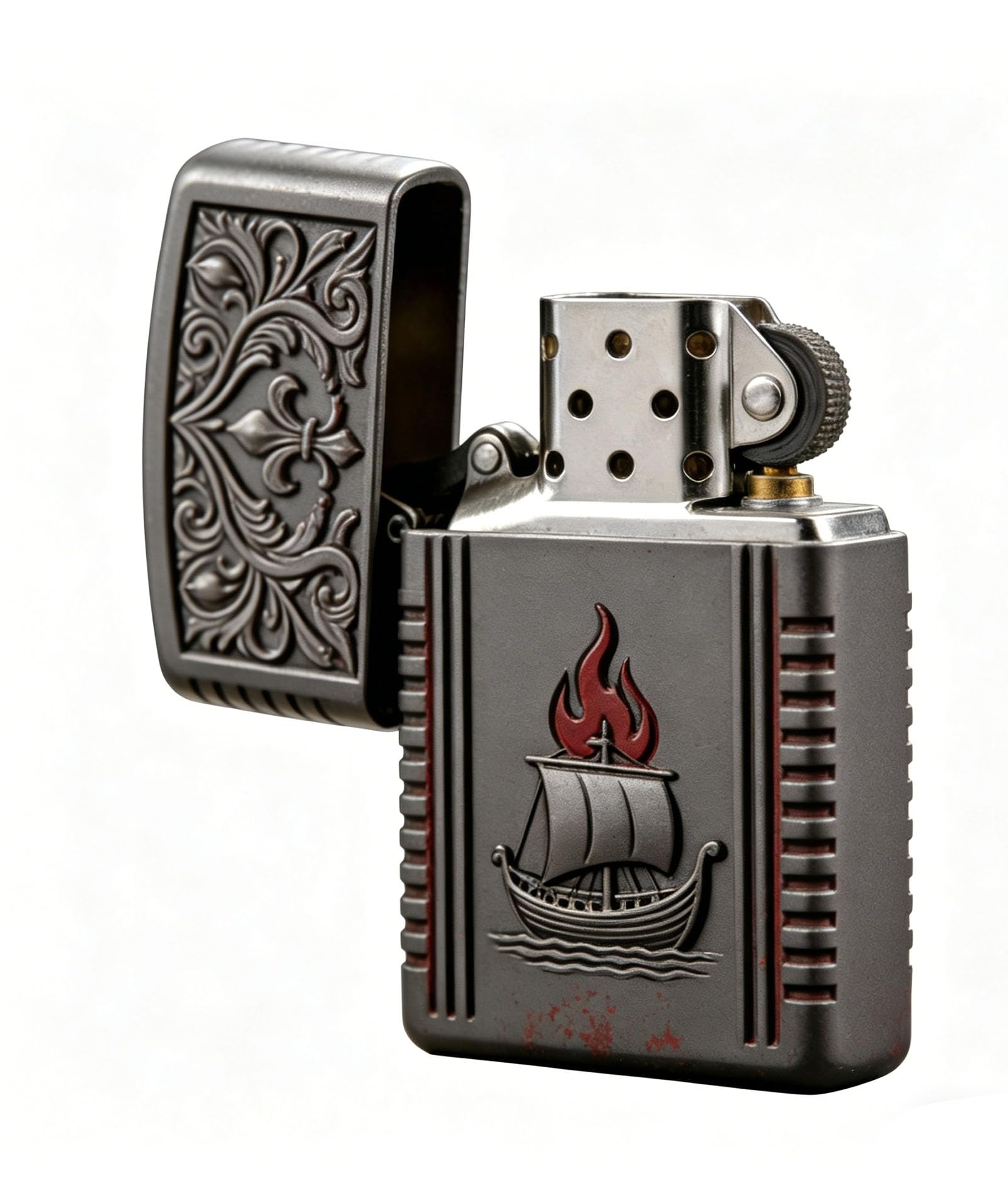 Reusable Ship Carved Kerosene Lighter Flip-Top Wheel Grinding Open Flame Windproof Fire Petrol Lighters for Daily Use (E)