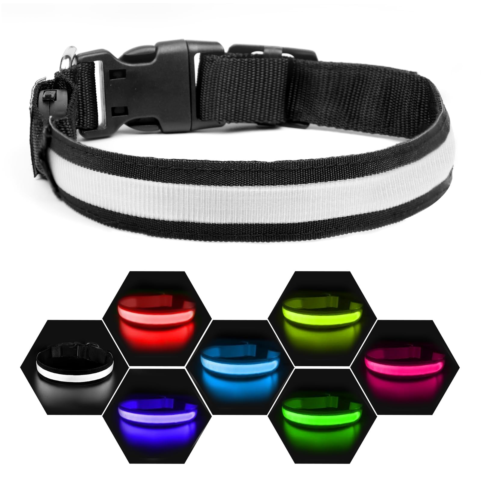 Nepfaivy Collare Luminoso per Cani Ricaricabile - Collare per Cani a Led con Lunghezza Regolabile, 3 Modalità di Illuminazione per la Sicurezza Notturna, Nero