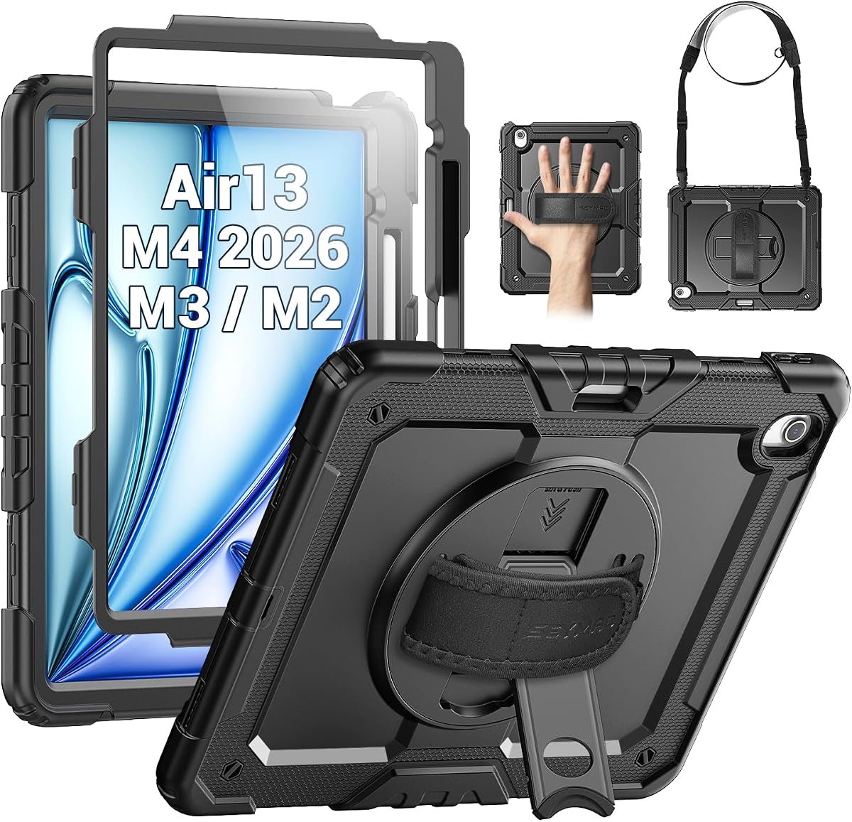 SEYMAC Case for iPad Air 13 Inch M4/M3/M2 (2026/2025/2024), Black | Heavy Duty Shockproof Protective, Built-in Screen Protector, 360° Rotating Stand, Hand/Shoulder Strap, Pen Holder