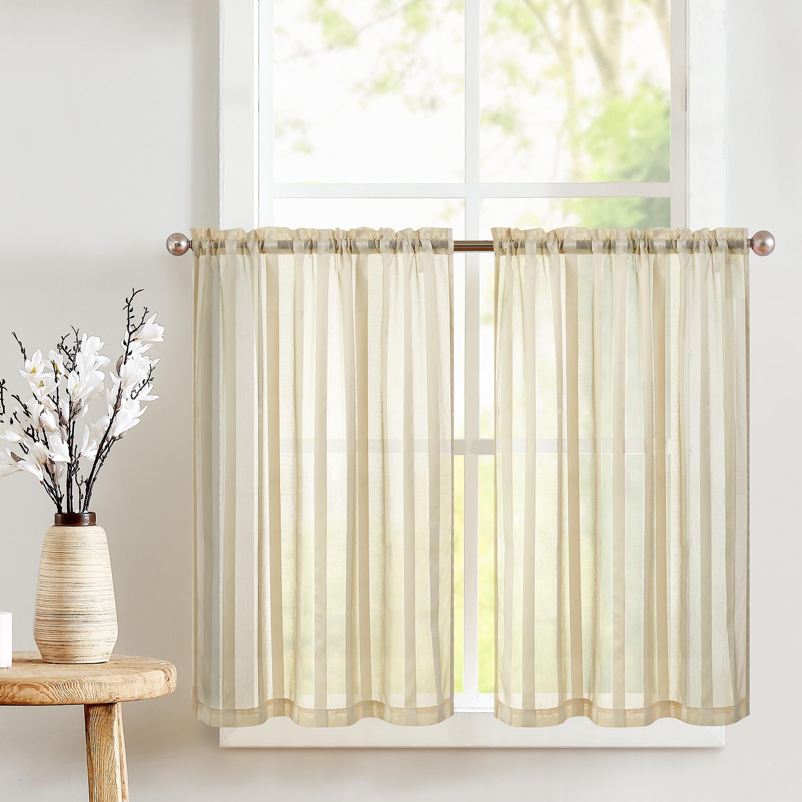 TOPICK Sheer Scheibengardinen Beige H 115 x B 90 (cm) 2er Set mit Tunnelzug Transparent Bistrogadine Landhaus Streifen Voile Küchenvorhang Gestreift Küchengardinen Paarig für Badezimmer Klein Fenster