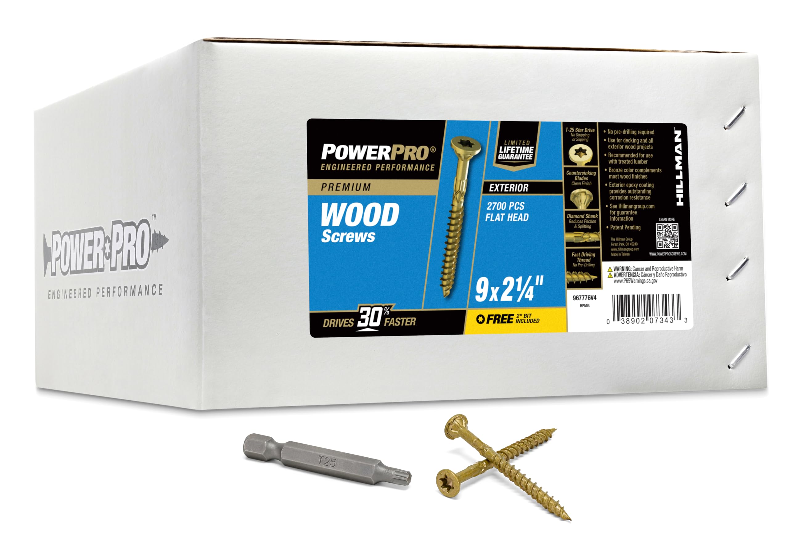 Power Pro Premium Exterior Wood Screws, #9 x 2-1/4"Inch All-Purpose Deck Screws for Outdoor Projects, T-25 Star Bit Included, Bronze, 489 Pieces | 48609V4