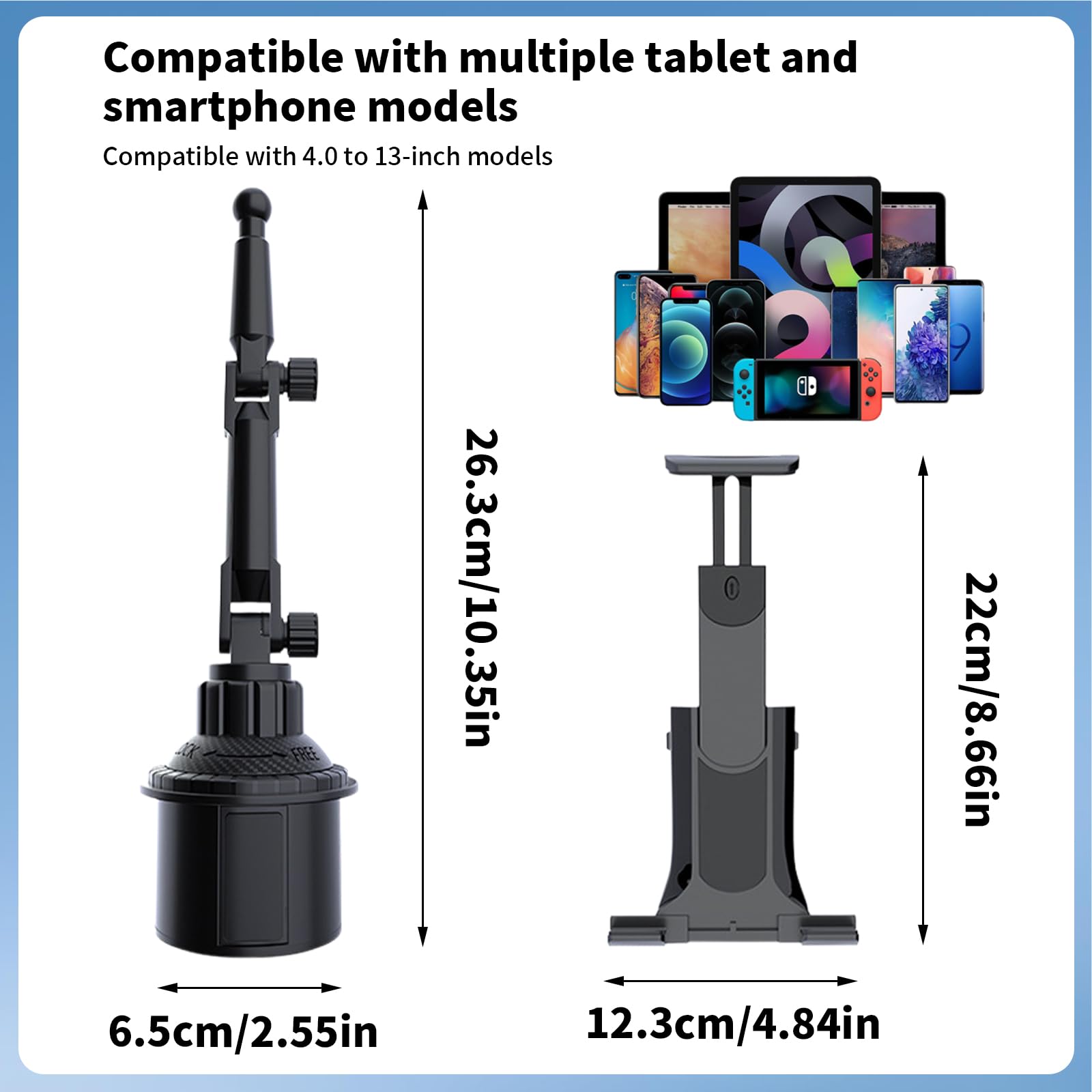 Supporto Tablet Auto Portabicchieri Tablet Telefono Tazza Camion Base Espandibile Braccio Regolabile 4-13" iPad Pro Air Mini Kindle Fire Switch iPhone