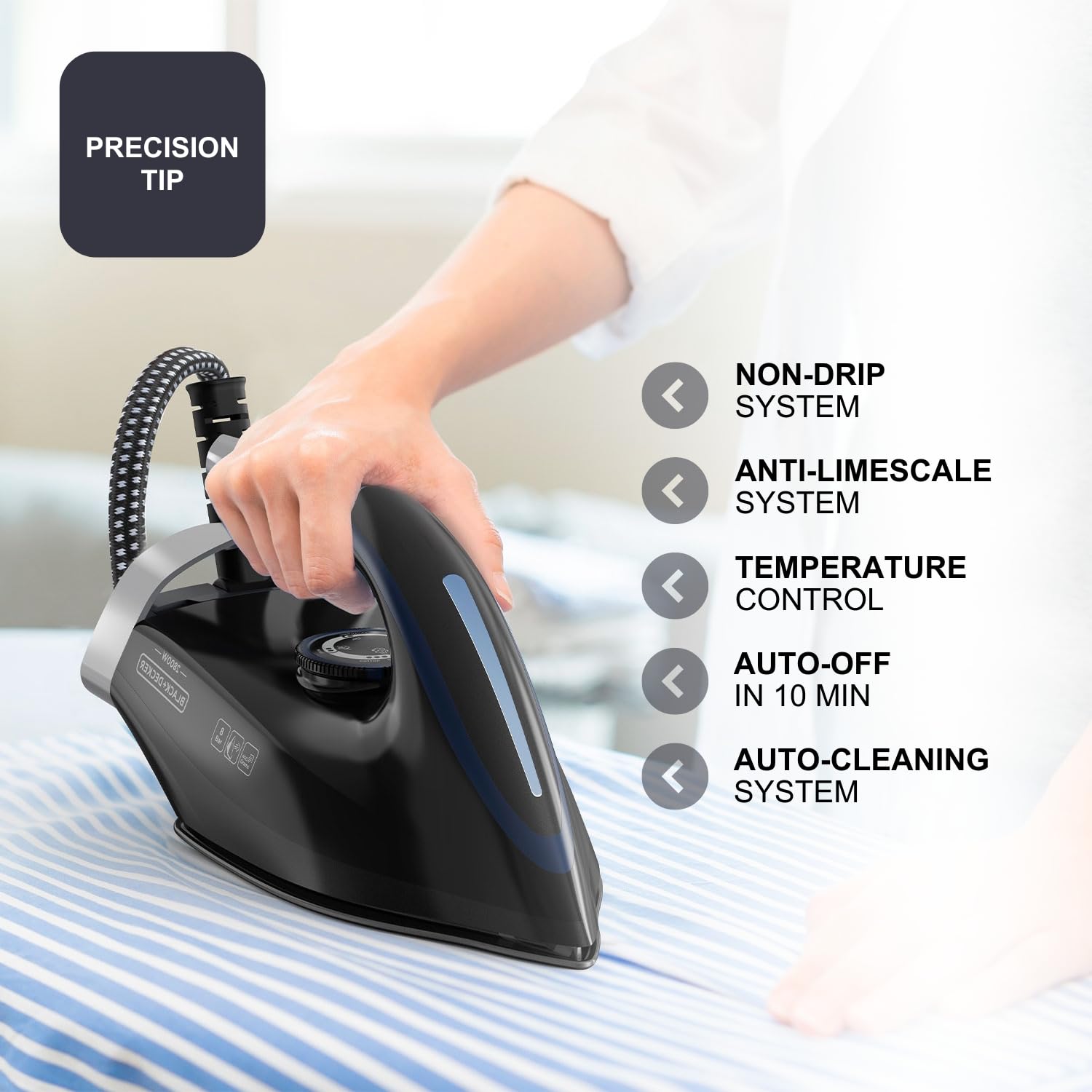 Black+Decker – Ferro da stiro a caldaia BXSS2800E | 2800W | 8 bar | colpo vapore 400 g/min | serbatoio 1,5L estraibile | suola ceramica | punta di precisione | ECO | anticalcare | autospegnimento