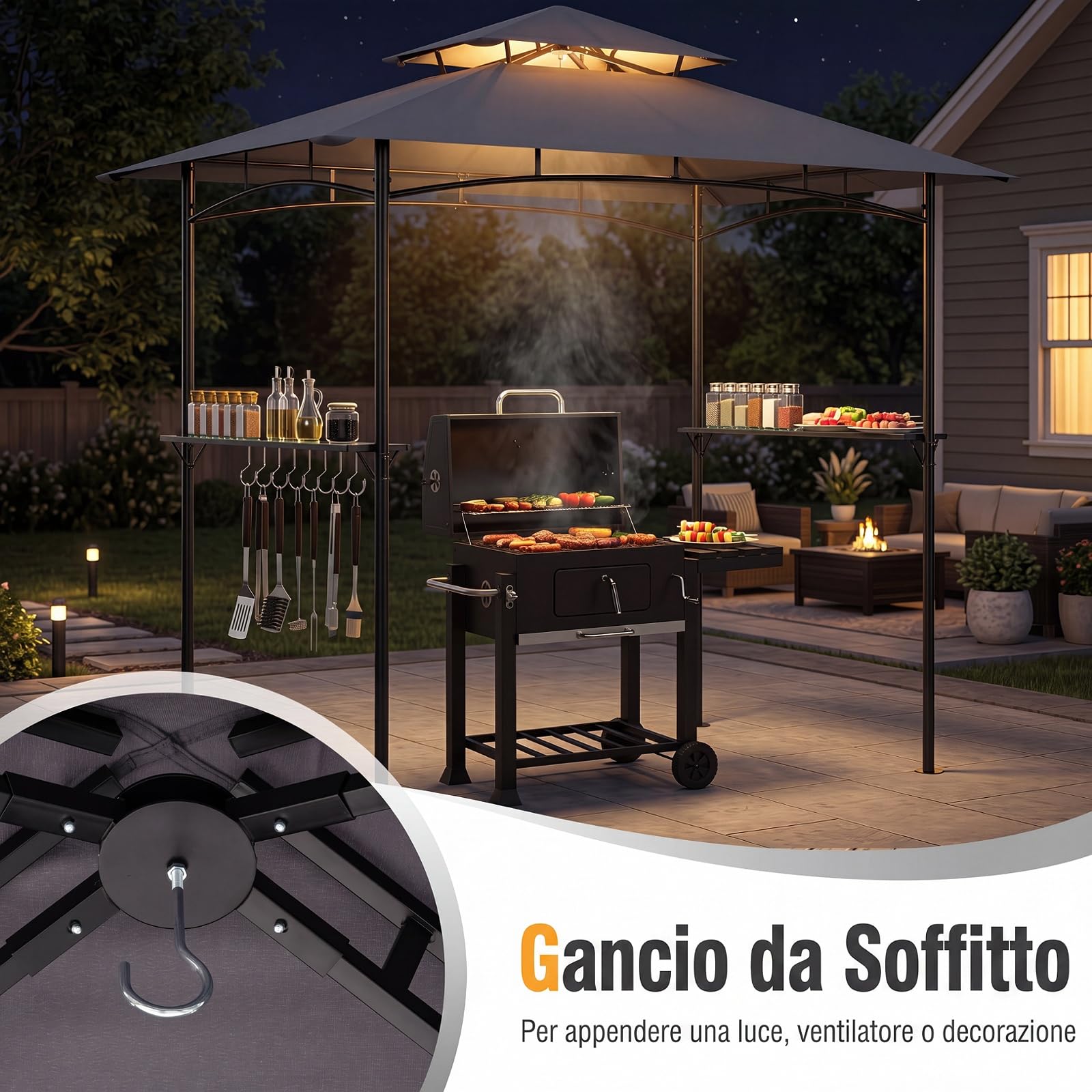 COSTWAY Gazebo Esterno Resistente con Tettoia a Due Livelli, Gazebo per Barbecue con 2 Tavoli da Bar in Metallo e 8 Ganci Laterali, Pergolato da Giardino per BBQ, Feste e Picnic, 245 x 151 x 192 cm