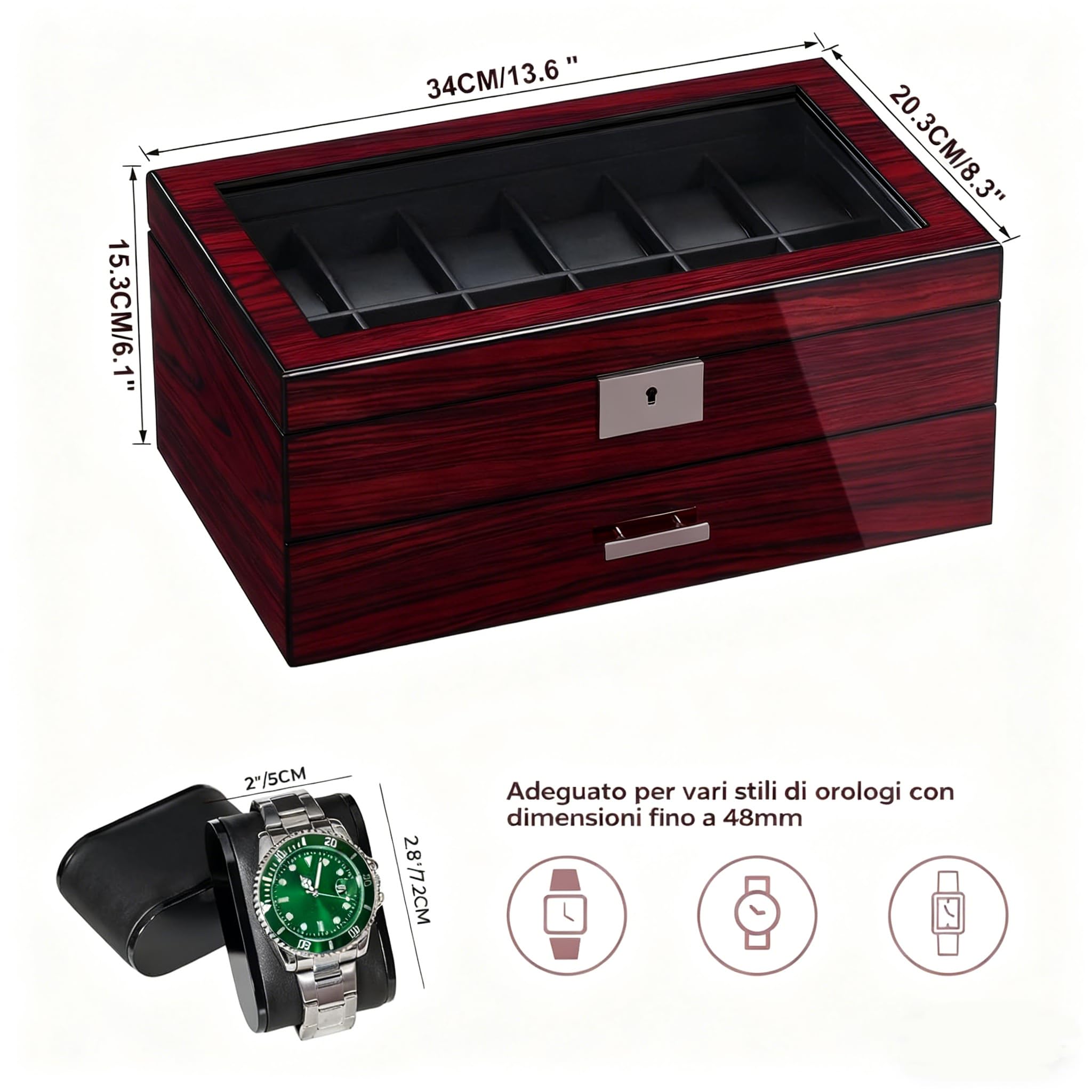 ANWBROAD Custodia per orologi da uomo con coperchio in vetro grande, a 2 livelli, con serratura, organizer per orologi, regalo di lusso JWB003Y