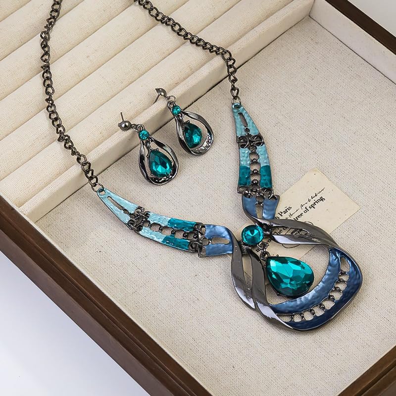 Necklace And Earring Sets For Women, Chunky Long Necklaces With Blue Cubic Zirconia Pendant Butterfly Boho Jewelry Gift - Image 2