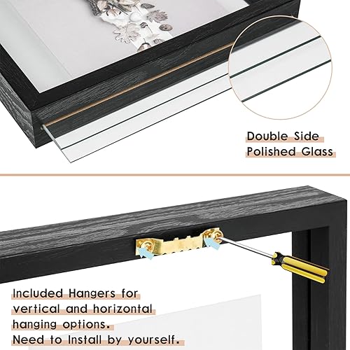 Miniatura 3 de MUYE Juego de 2 marcos flotantes de 11 x 14 pulgadas, portarretratos de doble cristal para fotos de cualquier tamaño de hasta 11 x 14, montaje en