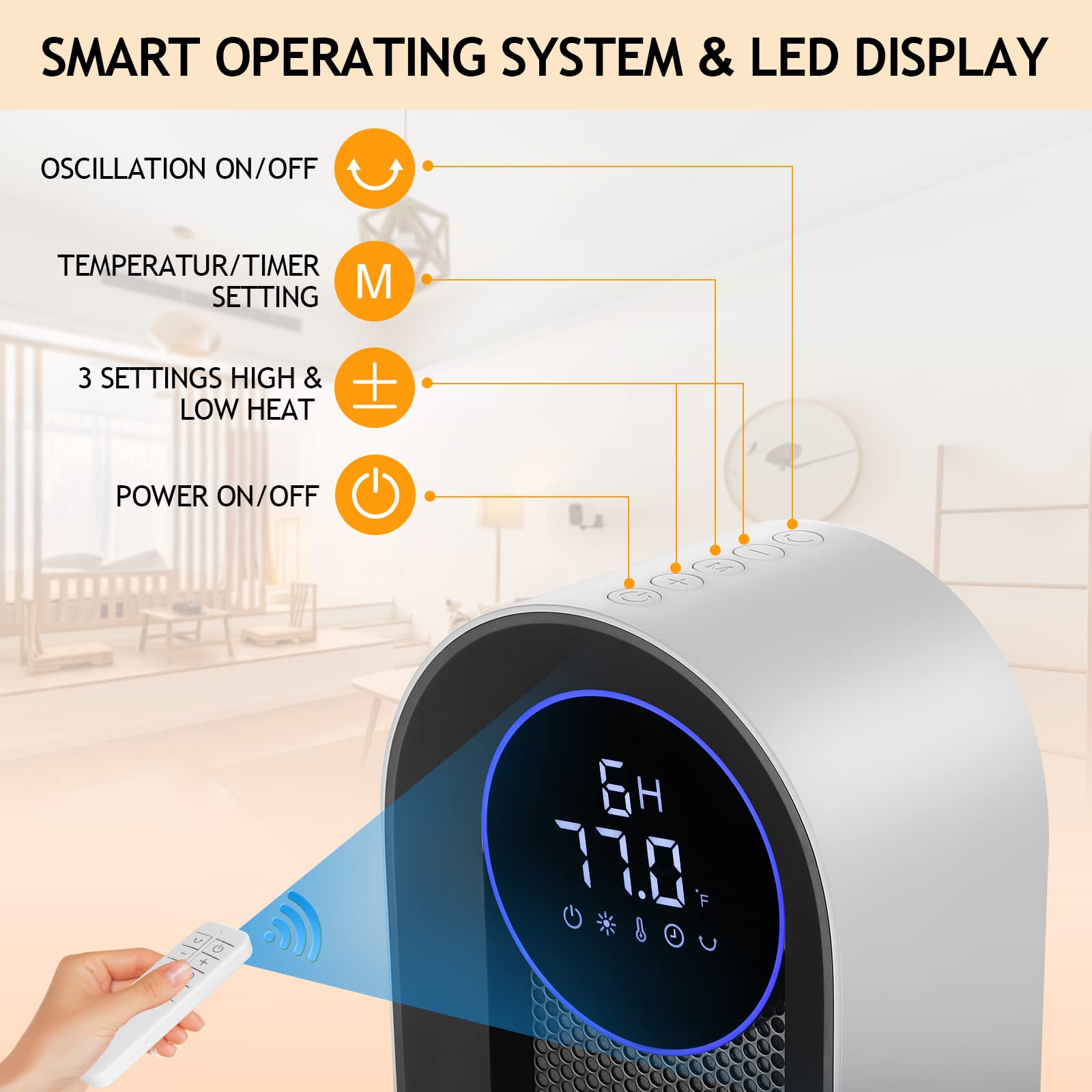 COOCHEER Ceramiczny termowentylator 2000 W, 3 tryby pracy, ECO grzejnik elektryczny, energooszczędny, oscylacja 100°, do domu i biura