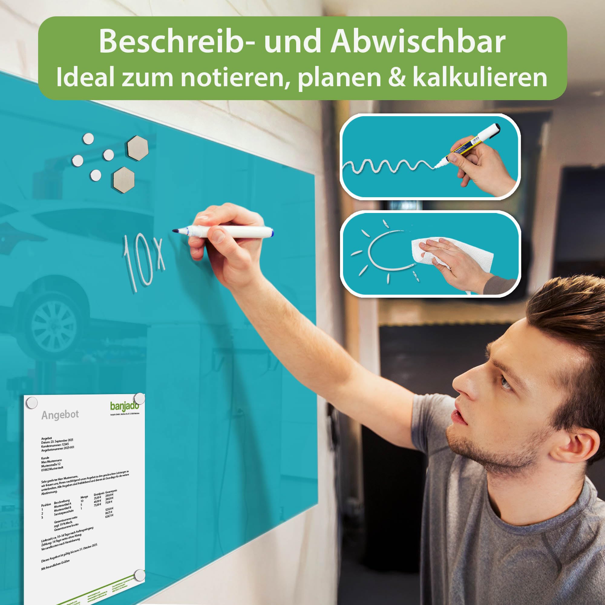 banjado Glas-Pinnwand in 60x40cm für Notizen und klare Farbgestaltung