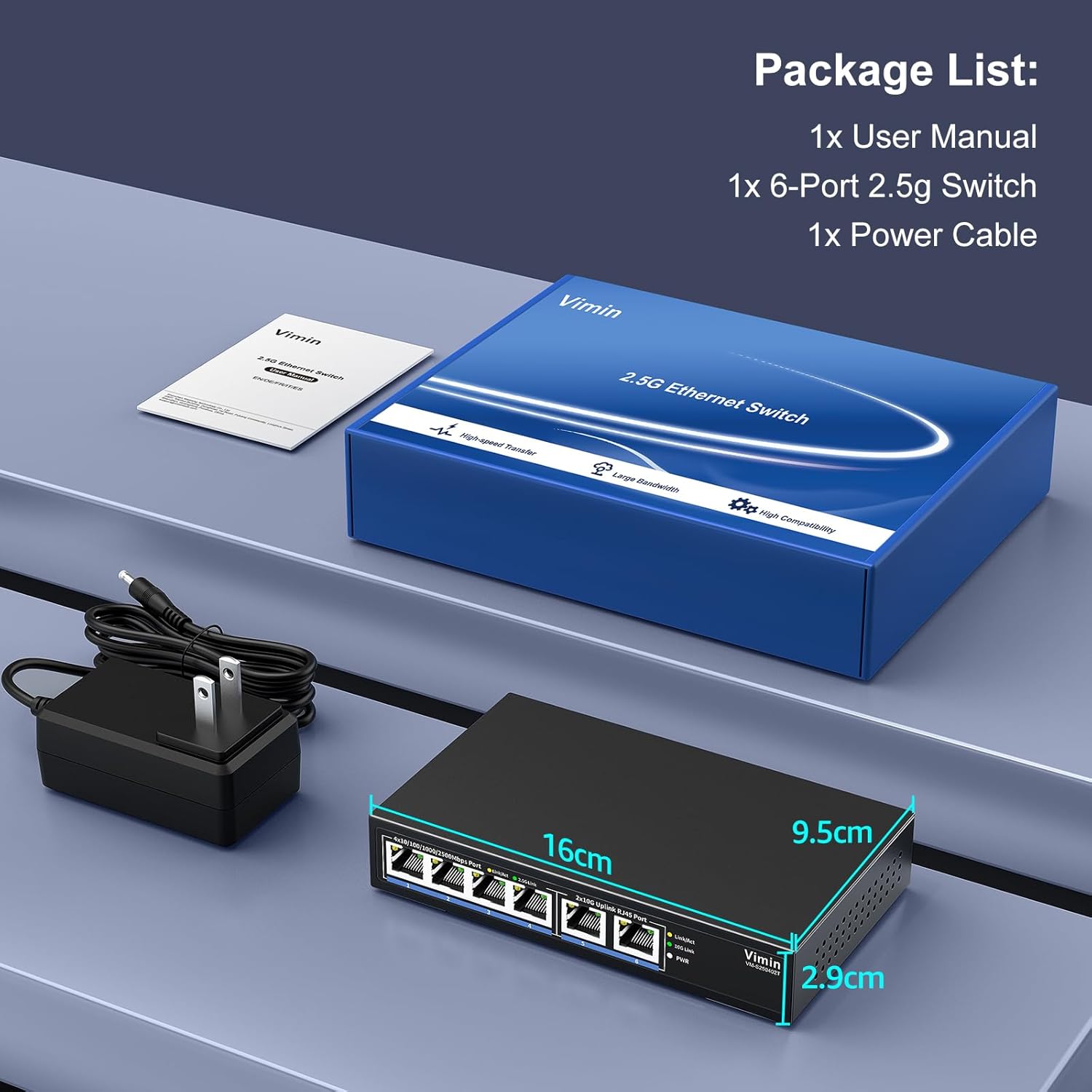 Package contents including the switch, power adapter, and user manual