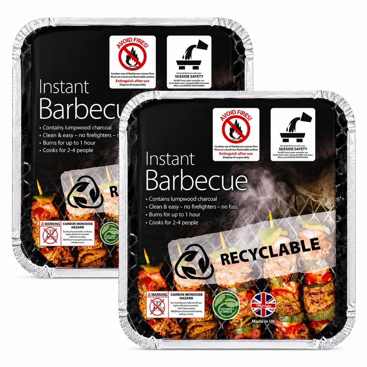 Instant BBQ Disposable Barbecue Pack of 2 โ Lumpwood Charcoal Grill, Clean & Easy, No Firelighters Needed, Burns Up To 1 Hour, Portable BBQ for 2-4 People