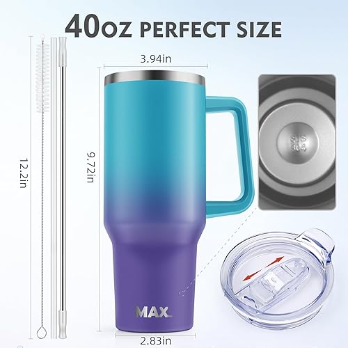 Miniatura 6 de Vaso de 40 onzas con asa y tapa con popote, taza de viaje de acero inoxidable reutilizable aislada que mantiene las bebidas frías hasta 34 horas,