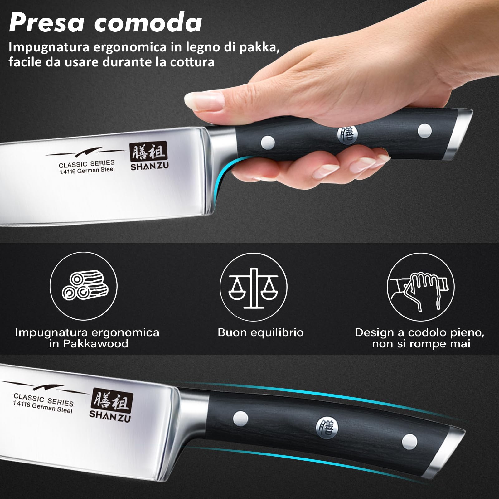 SHAN ZU Set di Coltelli da Cucina 3 Pezzi Acciaio Inox Ultra Affilati 20 cm 15 cm 9,5 cm