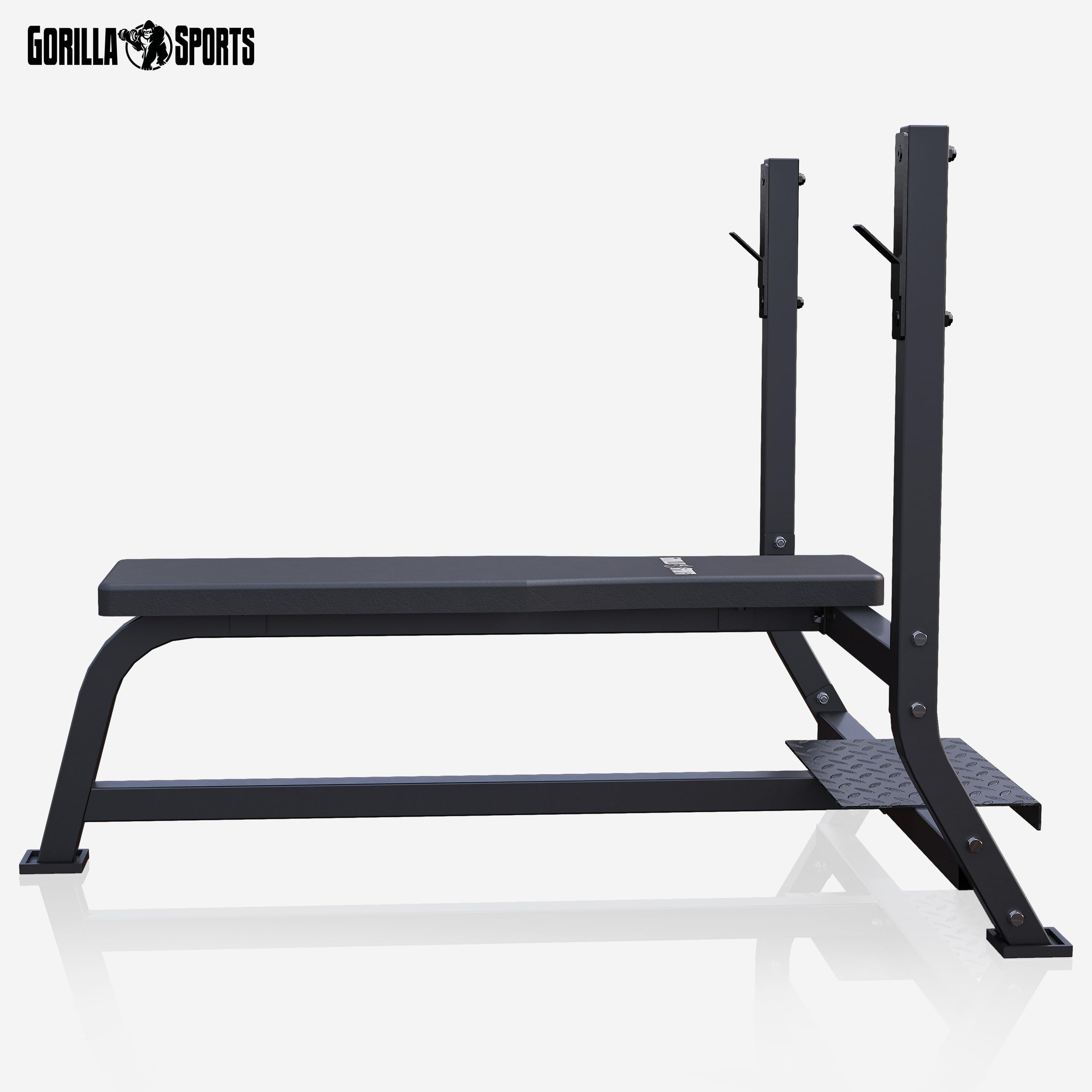 GORILLA SPORTS® Banc de Musculation - avec Support Barres, Charge Max. 250 kg (Banc) / 100 kg (Repose Barre), Noir/Blanc - Développé Couché, Support Haltères, Plat, Entraînement, Gym, Sport