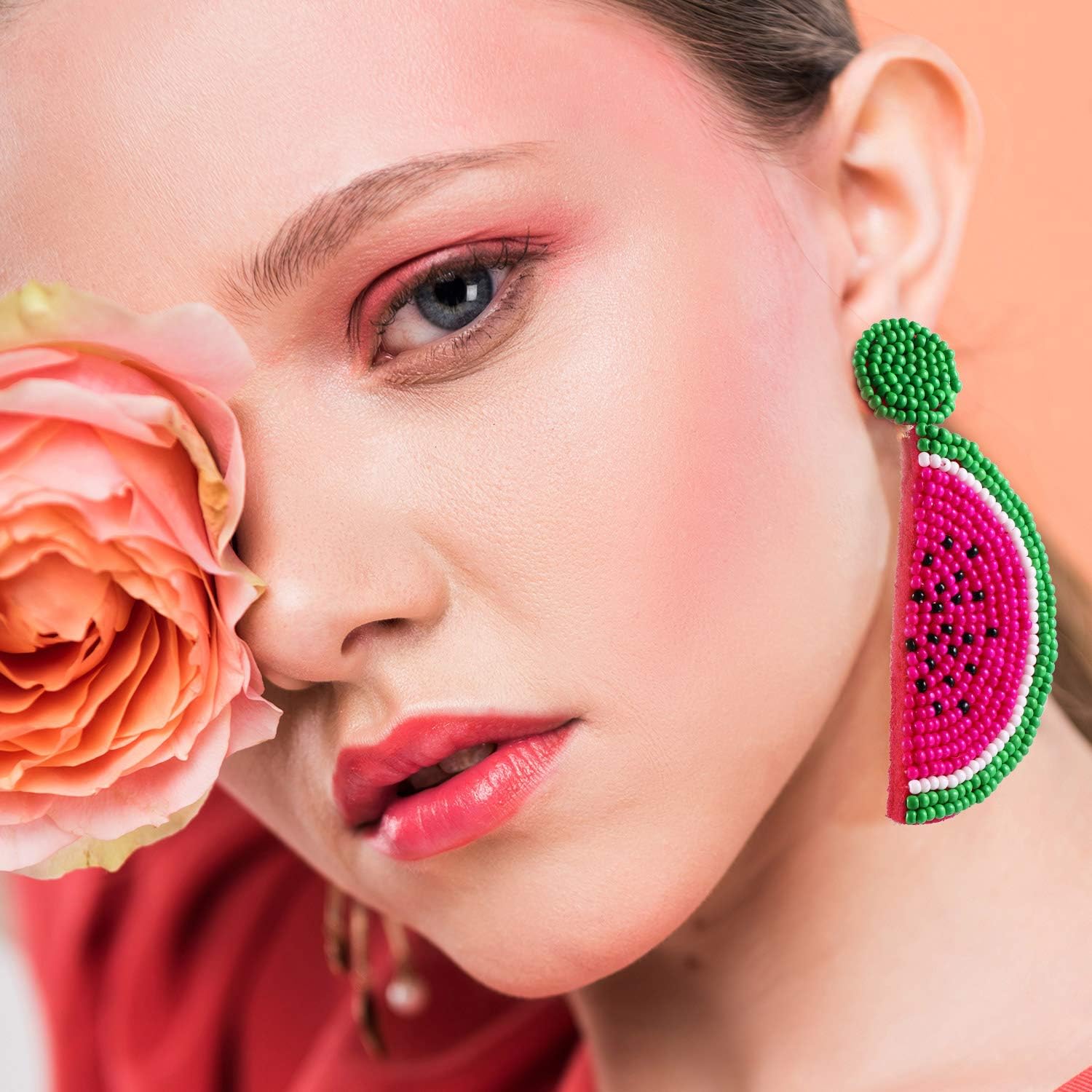 2 Pairs Fruit Watermelon Shape Drop Earrings Bohemian Seed Bead Earrings Handmade Beaded Dangle Studs Jewelry for Women Girls Party(Rose Red, Red) - Image 6