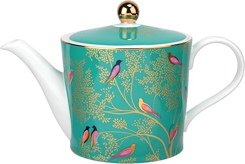 Portmeirion Sara Miller Chelsea - Tetera de porcelana fina, diseño floral de 2 pintas con detalles dorados, elegante té de la tarde esencial con