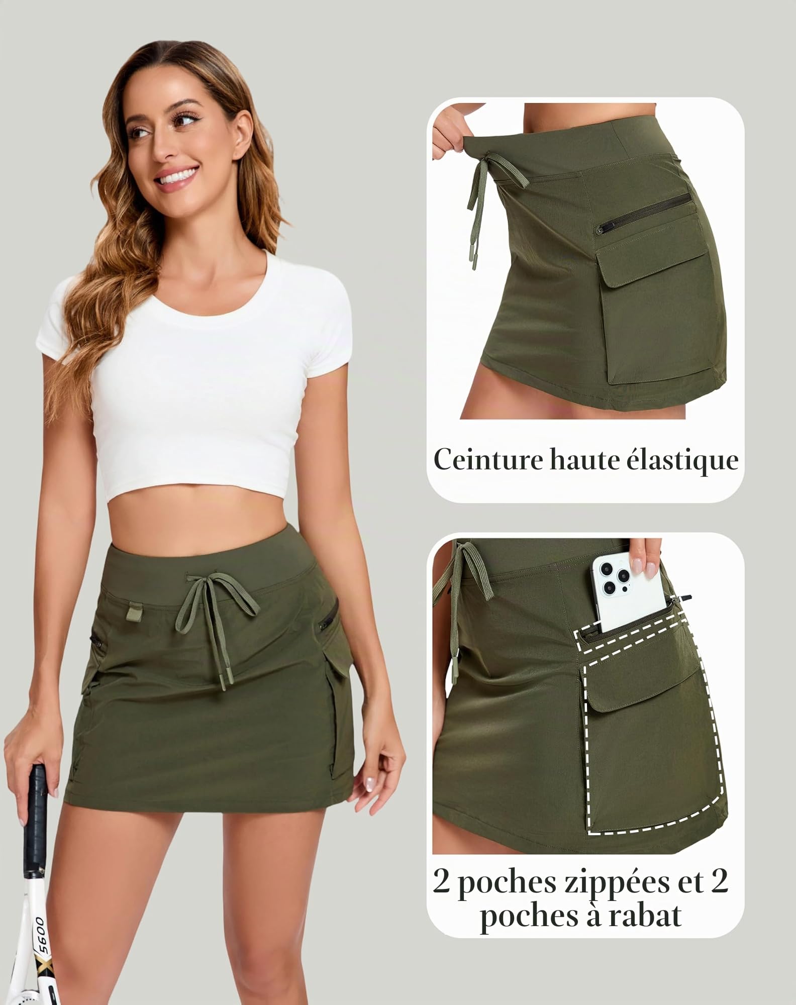 Timuspo Jupe de golf cargo à séchage rapide pour femme - Taille haute - Avec fermeture éclair et poches - Jupe de sport