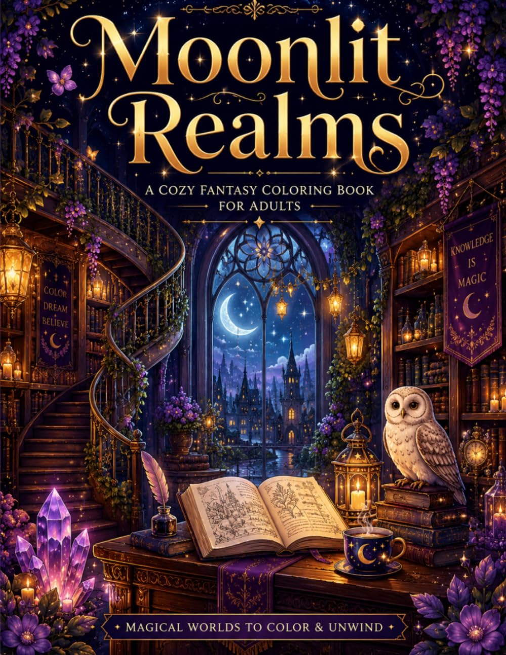 Moonlight Realms: A Fantasy Cozy Coloring Book for Adults
