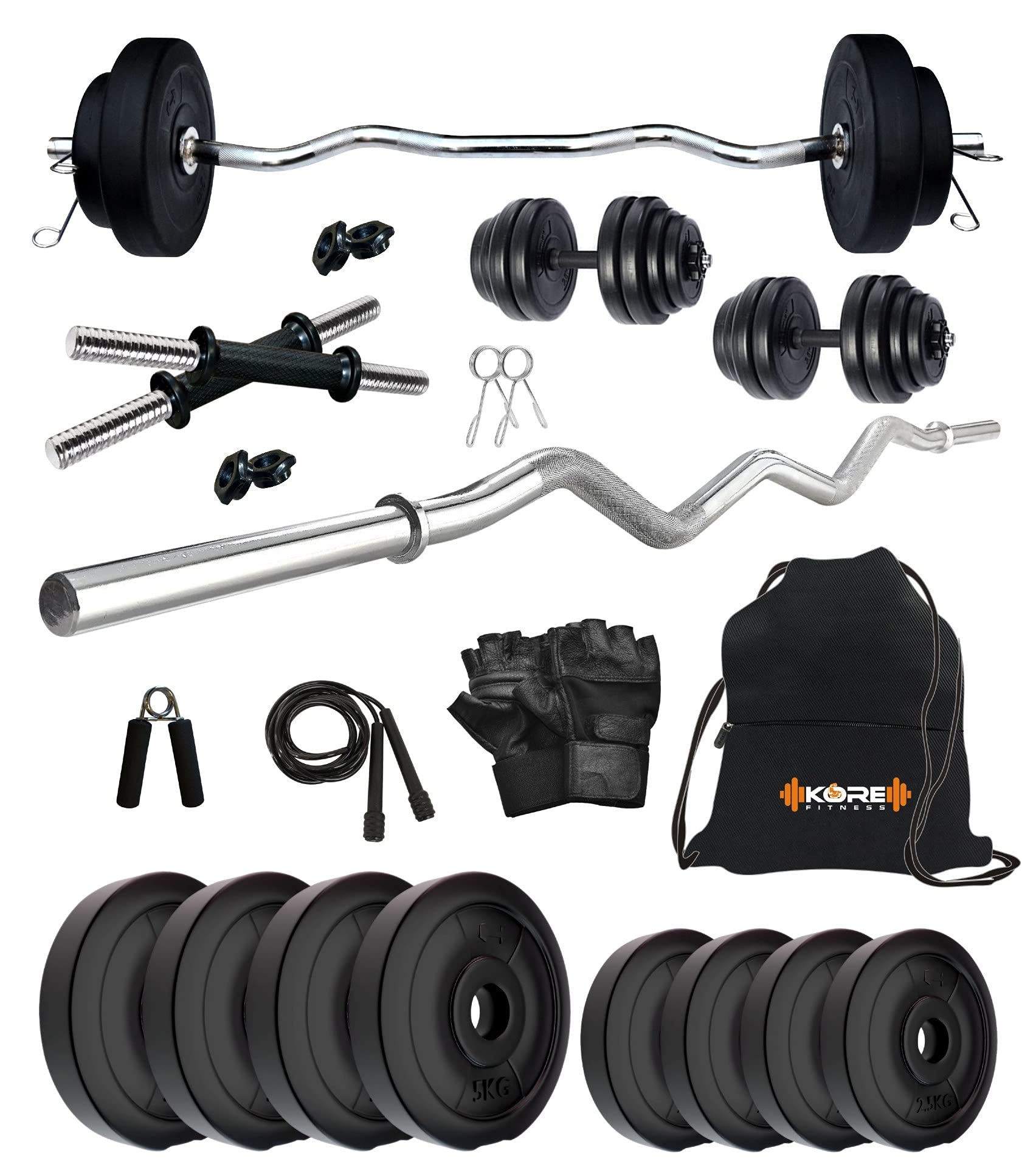 KorePVC 30 Kg Home Gym Set with One 3 Ft Curl and One Pair Dumbbell Rods with Gym Accessories