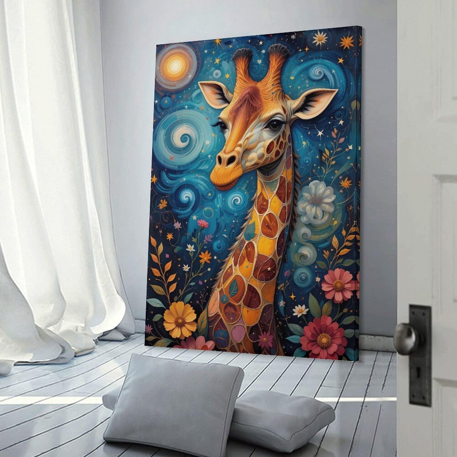 Junmoney Whimsical Giraffe in A Starry Night Wall Art Print, 16x24inch(40x60cm), for Entryway, Lounge Links Or Small Walls, Decorative Wall Art for Narrow Spaces