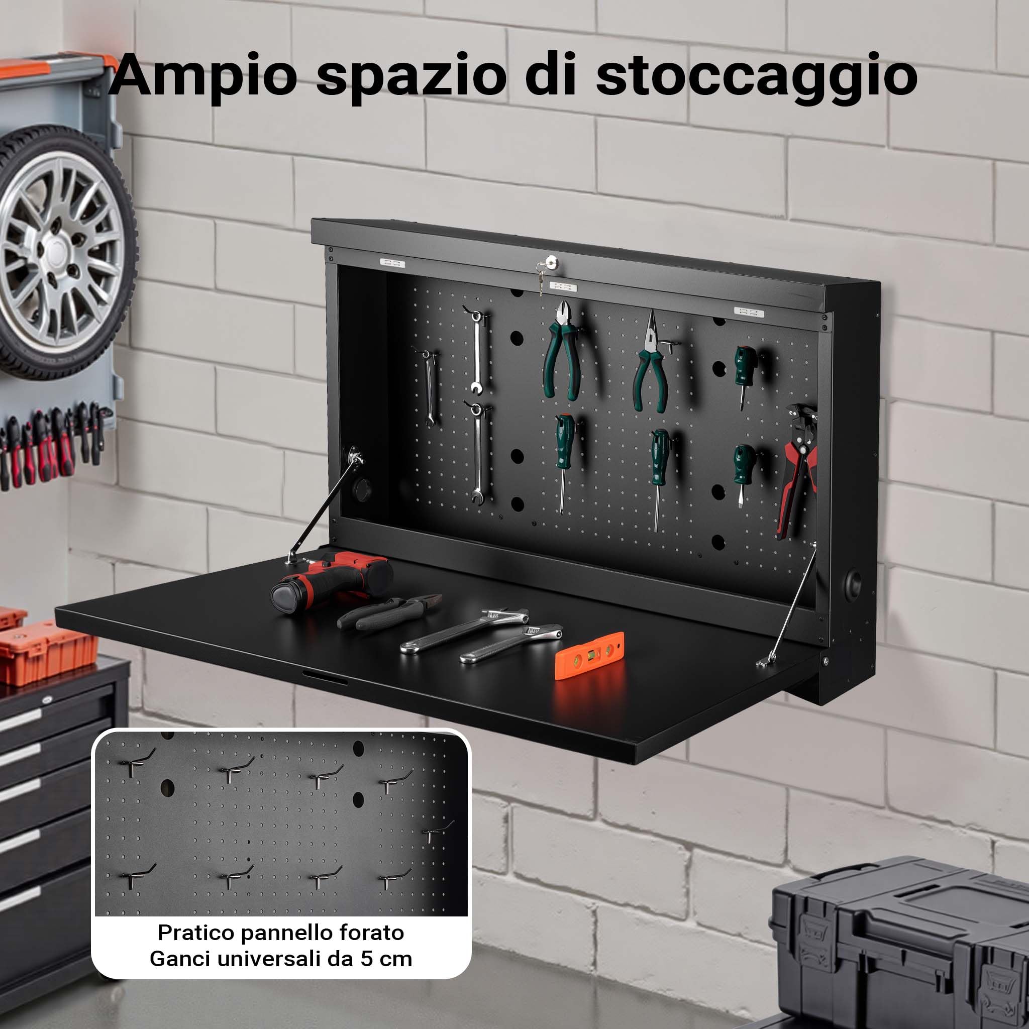 Wiltec Banco da lavoro pieghevole a parete, portata fino a 50 kg, tavolo richiudibile con pannello porta attrezzi forato, in acciaio, 91,2 x 69 x 61 cm, con 2 chiavi, ideale per officine e garage