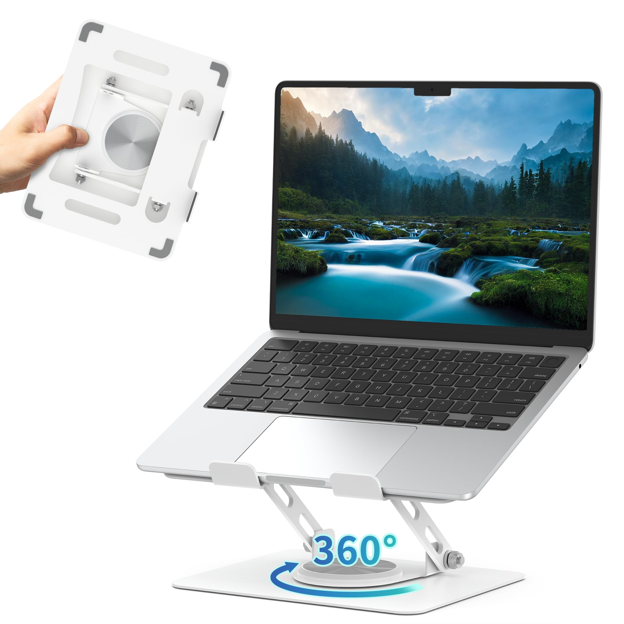 SOUNDANCE Adjustable Laptop Stand with 360° Rotating Heavy Base, Ergonomic Laptop Riser for Desk, Stable Laptop Holder for Collaborative Working, Suit for 10-15.6" PC Computer, Dual Shaft, Silver