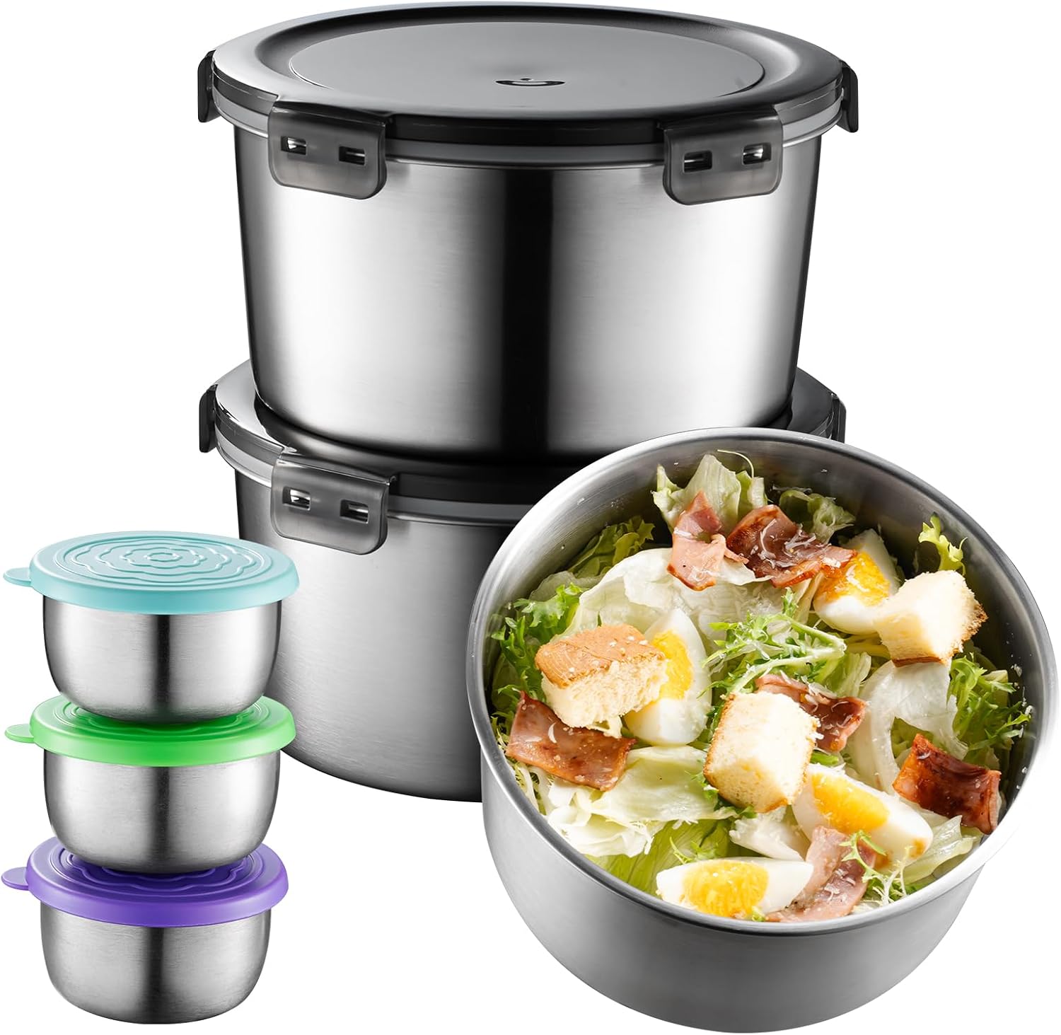 3 Pack Stainless Steel Salad Bowls with Lids, 67oz Salad Container for Lunch, Large Salad Bowls to Go with Leakproof Lids & 3 Dressing Cups, Dishwasher Safe Bento Salad Container for Meal Prep