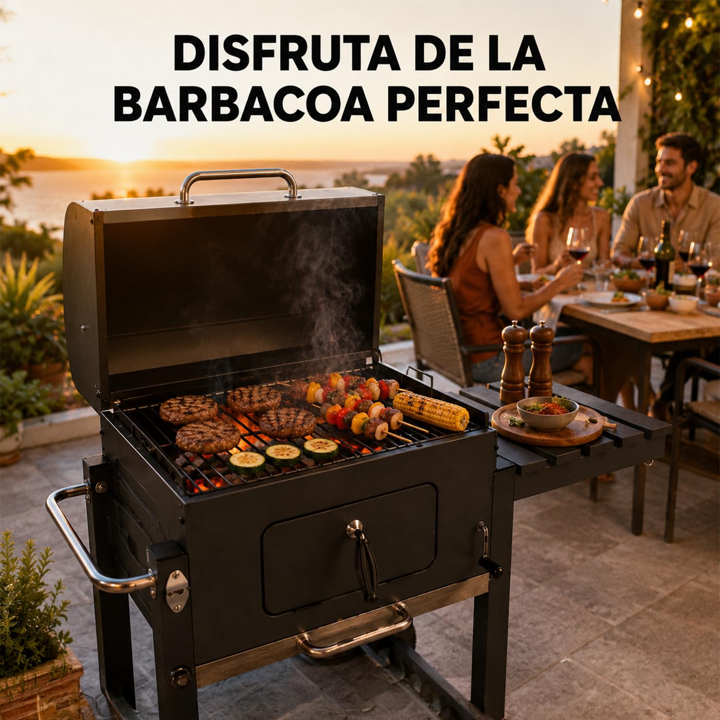 Barbacoa de carbón con tapa y ruedas – Parrilla amplia, mesas laterales, bandeja inferior, color negro, estructura resistente – Barbacoa para jardín y terraza Lorvik