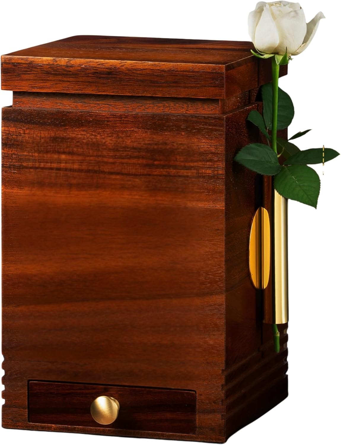 Solid Walnut Wood Urn for Adult Ashes | 200 Cu in Memorial Urn with Magnetic Lid, Velvet-Lined Keepsake Drawer, Detachable Photo Frame & Flower Holder | Elegant Wooden Cremation Urn