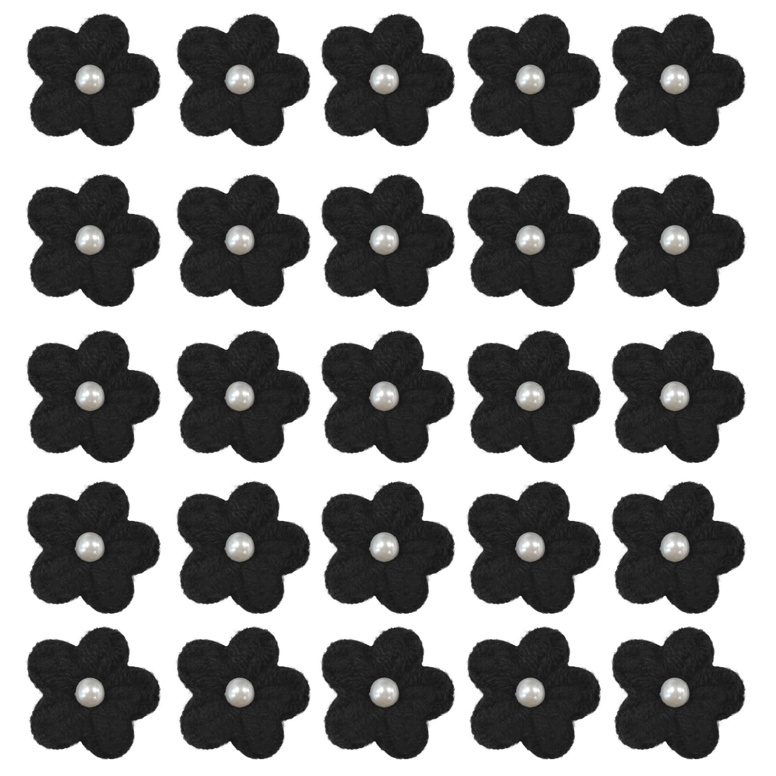 Jtnohx Knitted Flower Patches，Crochet Flowers Applique，25pcs Handmade Floral Sew on Patches，3cm DIY Appliques Embellishments with Pearl, Crochet Floral for Crafts,Sew Accessories(Black