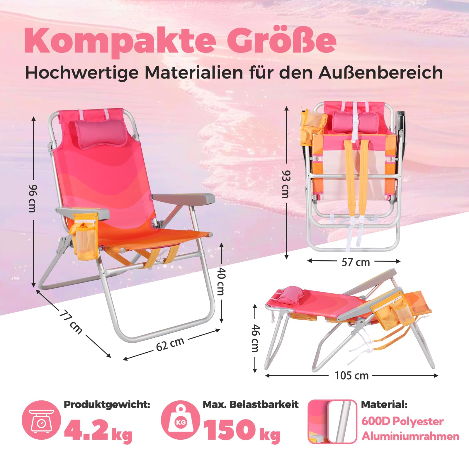 Join Nature Strandstuhl Klappbar Leicht Klappstuhl Strand 5-stufig verstellbare Rückenlehne - Strandsessel Strandstühle Faltbar Bis 150KG für Strand, Outdoors (Hoch, Sonnenuntergang, 1 Stück)