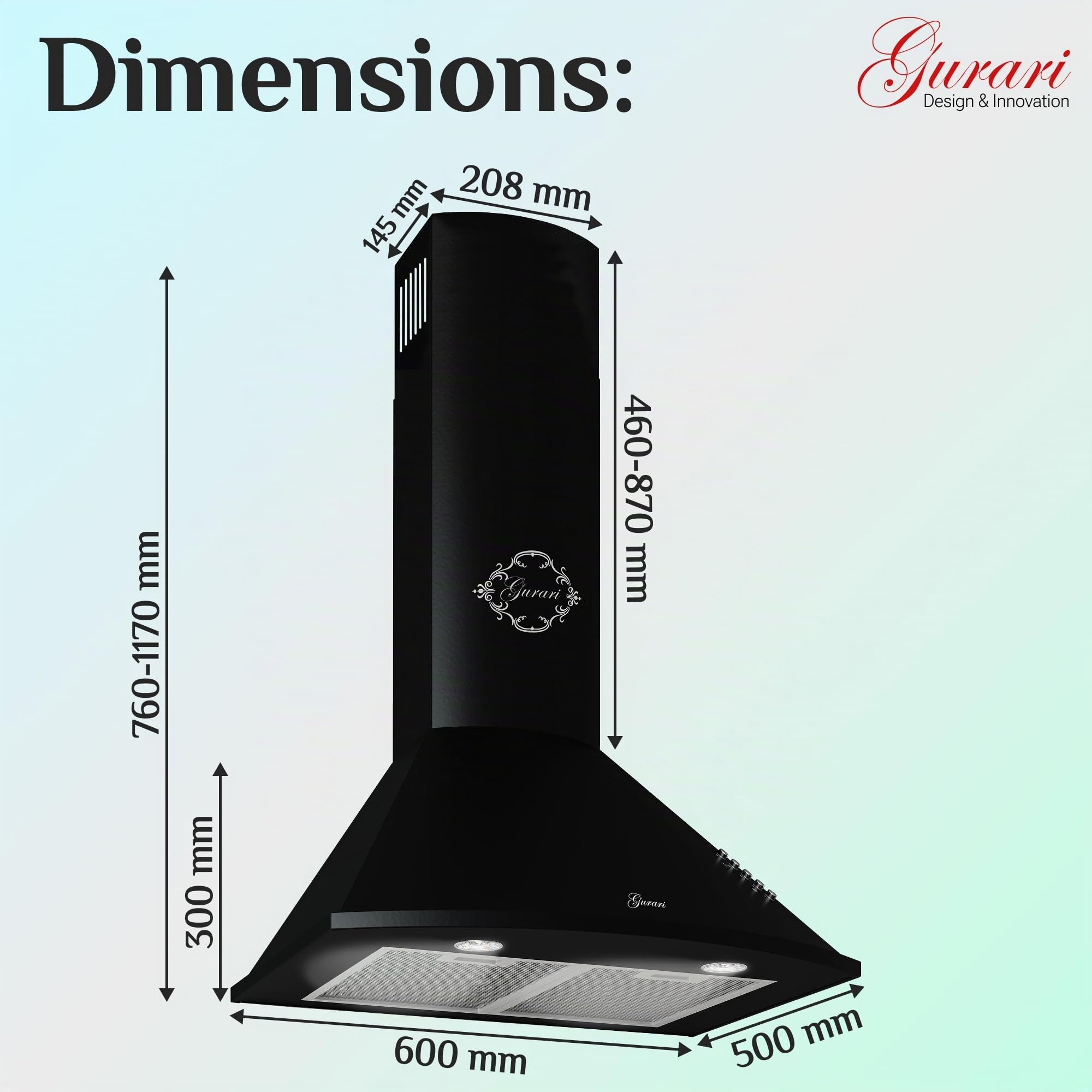 Gurari 046 Hotte aspirante murale 60 cm •1000m³/h•Hotte murale Luxe fabricant Gurari • 3 vitesses •1000m³/h •LED •Hotte Noir •Métal noir •Recirculation possible