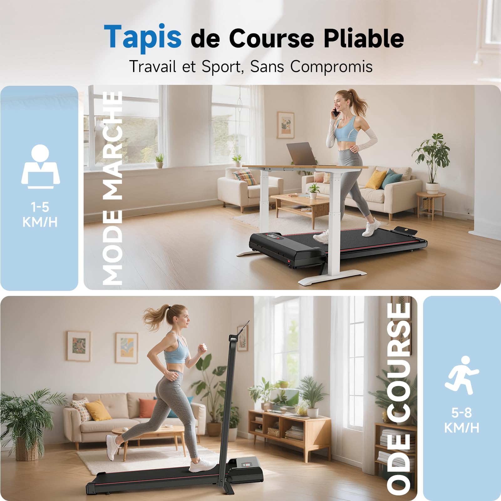 Tapis de Course Pliable avec Pente Réglable 7% – Tapis Roulant Électrique Silencieux 8 km/h, Moteur 2,5HP, Surface Large 40cm, Charge 130kg